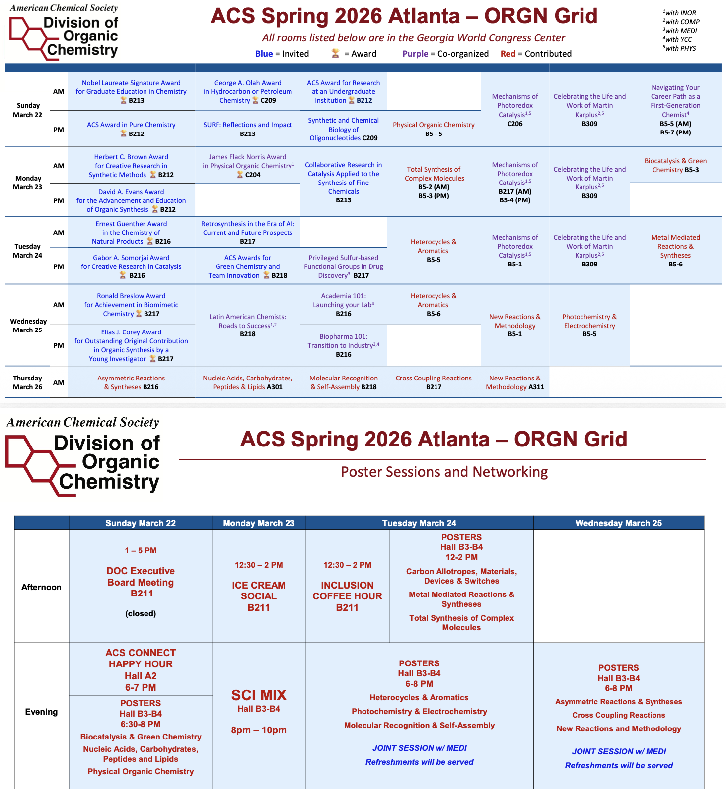 ORGN 2026 Spring ACS Meeting in Atlanta Session Grid containing room numbers