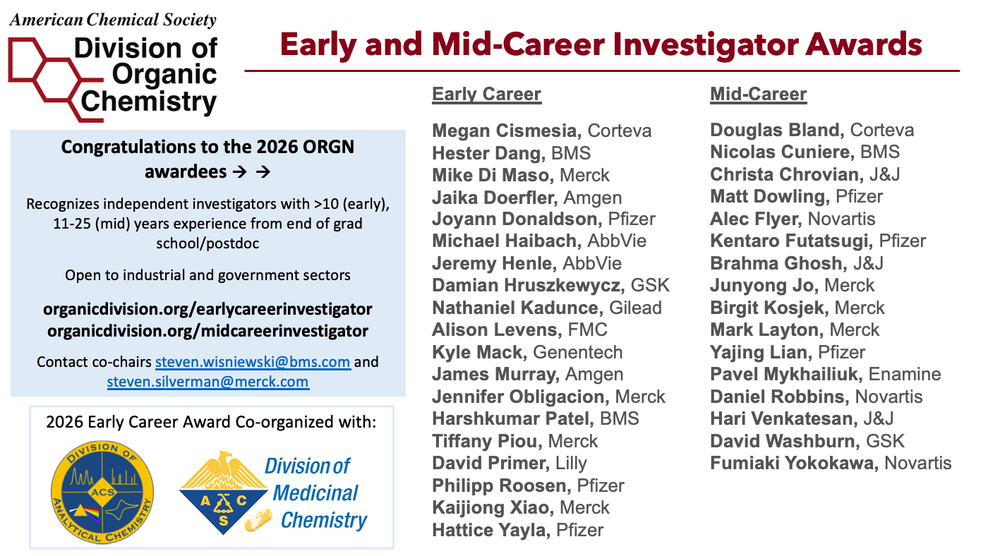 A Slide of the 2026 Division of Organic Chemistry Early Career and Mid-Career Investigator Awardees